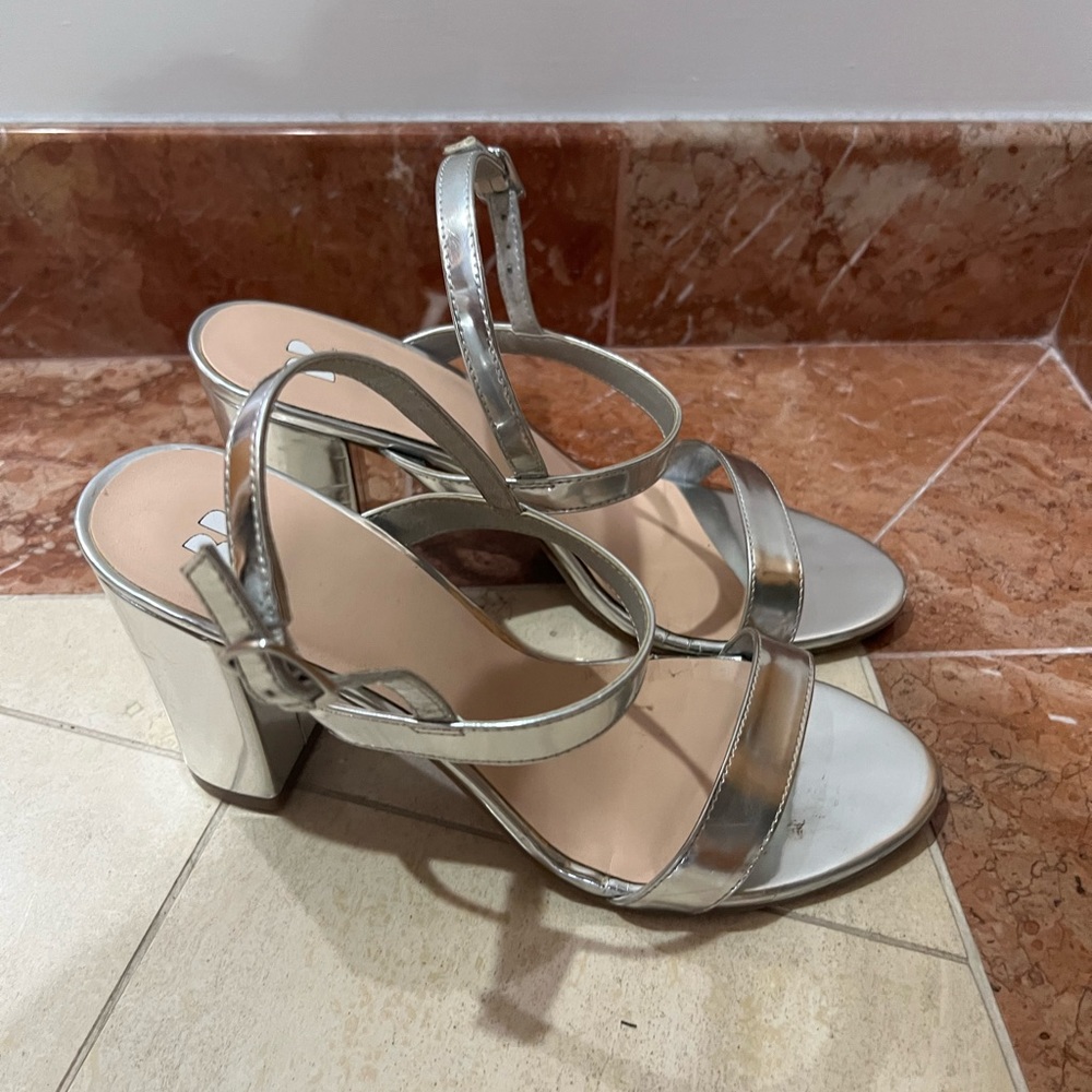 BP Mirror Silver Strappy Chunky Heel Sandal